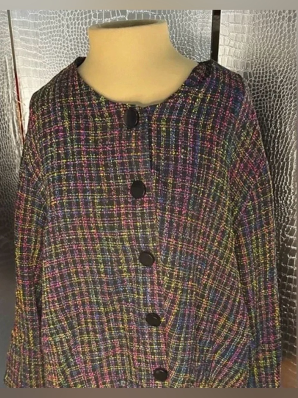Linda Karen Petite Vintage Rainbow Plaid Unstructured Round Collar Jacket Blazer